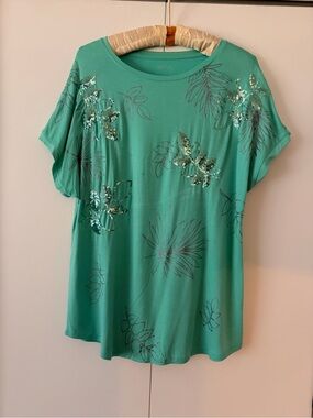 Kohl's Teal Green Sequin Floral Short Sleeve Tee